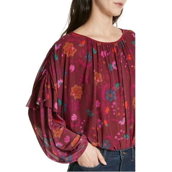 Free People Wildflower Honey Floral Stretch Mesh Blouson Ruffle Top S - Picture 4 of 13